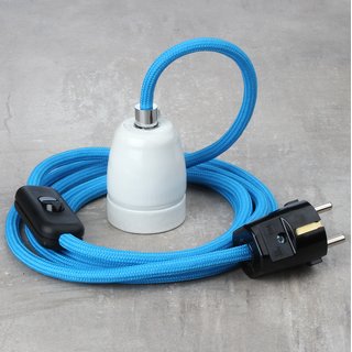 Textilkabel Lampenpendel blau mit E27 Porzellanfassung Schnurschalter und Schutzkontakt-Stecker schwarz
