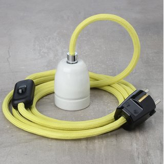 Textilkabel Lampenpendel gelb mit E27 Porzellanfassung Schnurschalter und Schutzkontakt Stecker schwarz