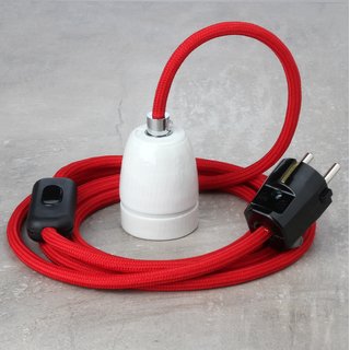 Textilkabel Lampenpendel rot mit E27 Porzellanfassung Schnurschalter und Schutzkontakt-Stecker schwarz