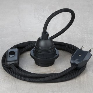 Textilkabel Lampenpendel schwarz mit E27 Kunststoff Lampenfassung Schnurschalter und Euro-Flachstecker schwarz